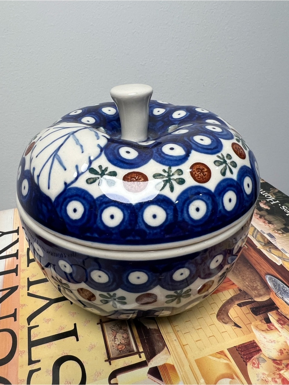 Polish Pottery Apple Baker Lidded Handcrafted Blue and White Peacock Eye Pattern